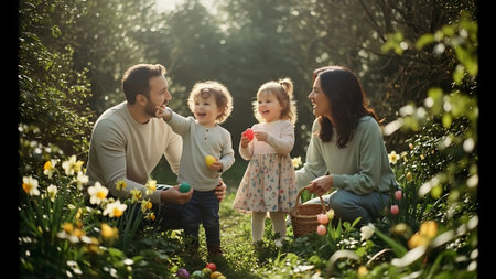 Happy family with little daughter and mother on Easter egg hunt in the gardenの素材