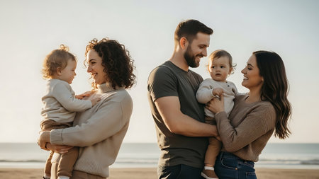 happy family with two kids spending time together on beach during autumn dayの素材