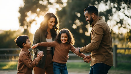 Cheerful family walking in the park. Mother, father and daughter spending time together.の素材