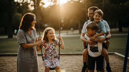 Happy family playing in the park. Mother, father and children having fun together.の素材