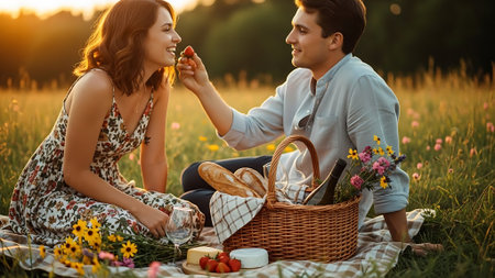 Young couple in love having picnic in the field at sunset. Romantic date.の素材