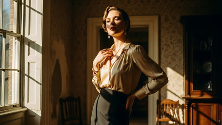 Fashionable young woman in beige blouse and skirt posing near the windowの素材