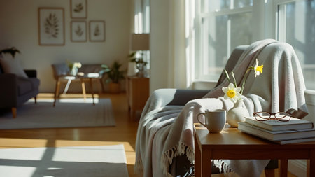 Cozy living room interior with armchair, coffee cup, books and daffodilsの素材