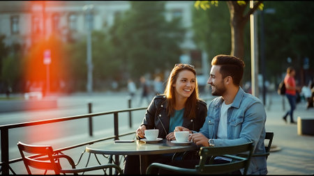 Young couple drinking coffee in a street cafe. Man and woman looking at each other and smiling.の素材