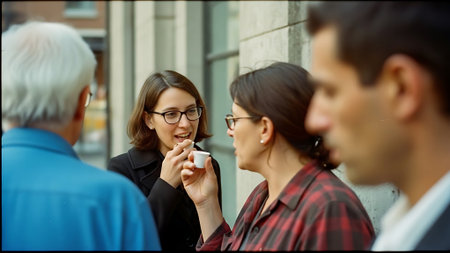 Portrait of a beautiful young woman sitting on a terrace at sunsetの素材