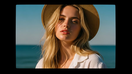 Portrait of a beautiful girl in a hat on the beach.の素材