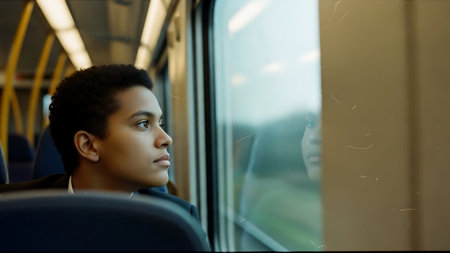 young african american woman looking out the window of a trainの素材