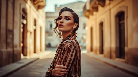 fashion outdoor photo of beautiful sensual woman with dark hair in elegant clothes posing in old cityの素材