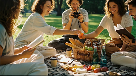 Group of friends having picnic in the park. Selective focus.の素材