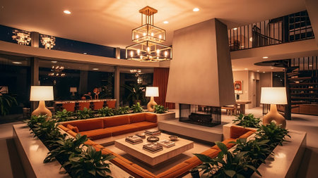 Luxury hotel lobby interior with modern furniture and decorative plants.の素材