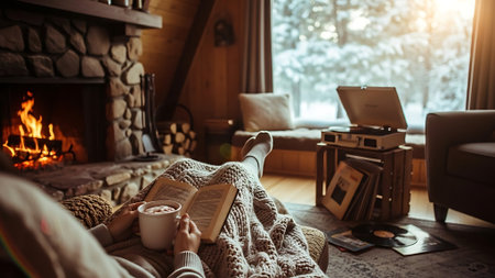 Young woman reading book and drinking hot coffee in cozy living room at homeの素材