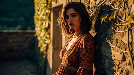 Beautiful young woman with long hair in an orange dress in the old cityの素材