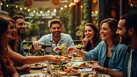 Group of young friends having dinner together in a restaurant and drinking beer.の素材