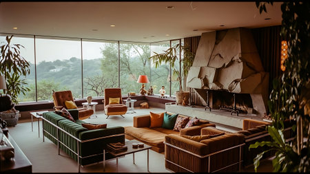 Interior of a modern living room with a panoramic viewの素材