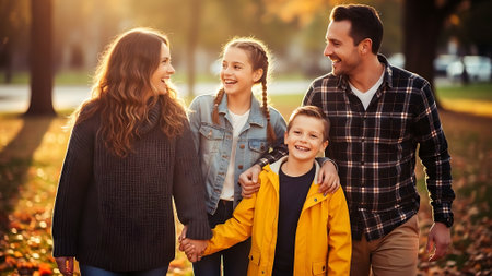 Happy family walking in the autumn park. Mother, father and children.の素材