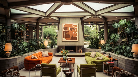 Interior of a modern living room with sofa, coffee table and plantsの素材