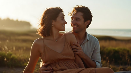 Happy young couple sitting on the beach at sunset, looking at each otherの素材