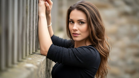 Beautiful young brunette woman in a black dress on a stone wall backgroundの素材