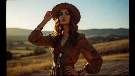 Beautiful young woman in hat and brown coat walking in autumn fieldの素材