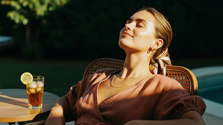 beautiful young woman with closed eyes sitting at table with glass of cocktail in cafeの素材