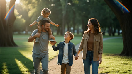 Happy family walking in the park. Mother, father and children having fun together.の素材