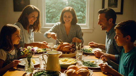 Portrait of happy family sitting at dining table and eating turkey at homeの素材