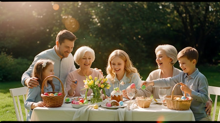 happy family with easter eggs and flowers at table at garden partyの素材