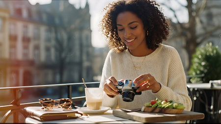 Portrait of a beautiful young black woman with curly hair in a white knitted sweater sitting at a table in a cafe and photographing with her cameraの素材