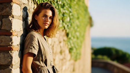Portrait of a beautiful young woman in a coat on the background of the seaの素材