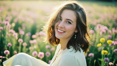 Portrait of a beautiful young woman in a field of flowers.の素材