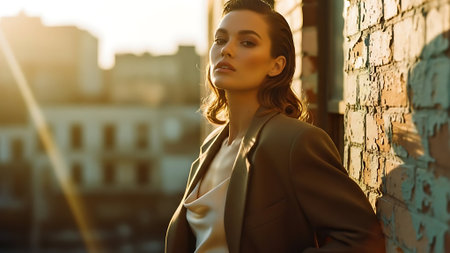 attractive young woman in beige trench coat looking away on streetの素材