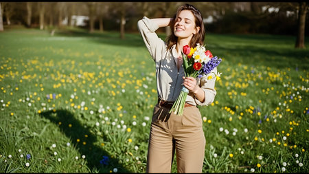 Beautiful young woman with bouquet of spring flowers in the parkの素材
