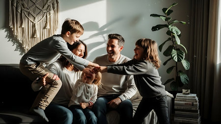 Happy family playing together at home. Mother, father and children.の素材