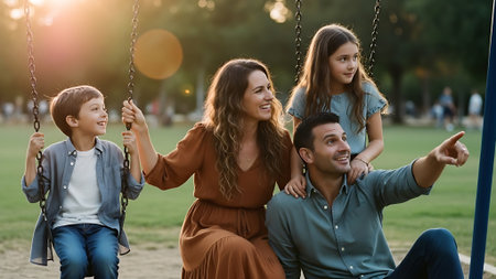 Happy family on the playground. Mother, father and children having fun outdoors.の素材