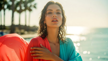 Portrait of a beautiful young woman on the beach at sunset.の素材