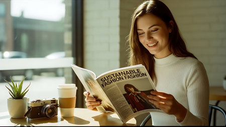 Young woman reading newspaper and drinking coffee in cafe. Girl reading newspaper and smiling.の素材