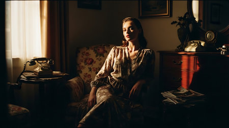 Portrait of a beautiful young woman sitting in a chair at homeの素材