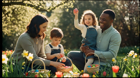 Happy family with two children having fun on Easter egg hunt in the garden.の素材