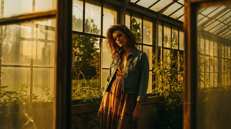 Beautiful young woman in a greenhouse at sunset. Natural light.の素材