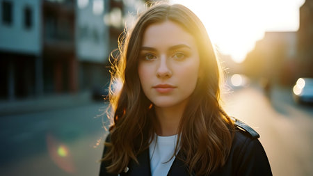 Outdoor portrait of a beautiful young woman in the city at sunsetの素材