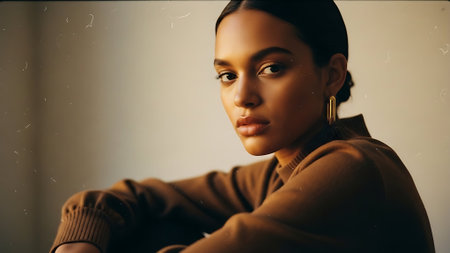 beautiful african american woman in beige coat looking at cameraの素材