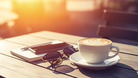 Coffee cup with notebook and eyeglasses on wooden table in coffee shopの素材