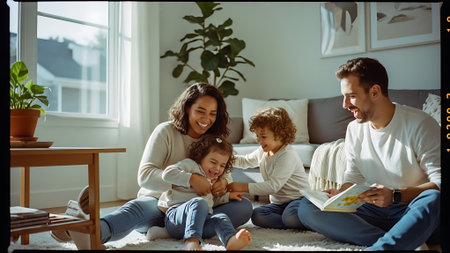 Happy family reading a book together at home in the living room.の素材