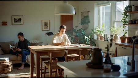 Young couple doing homework together at home. Man and woman sitting at the table and studying.の素材
