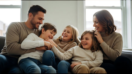 Portrait of happy family sitting on sofa at home. Mother, father and children are looking at camera and smiling.の素材