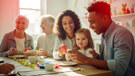 happy family painting easter eggs together at home during easter holidayの素材