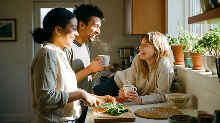 Cheerful multiethnic friends drinking coffee in kitchen at homeの素材