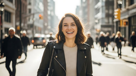 Portrait of a happy young woman walking in the city street.の素材