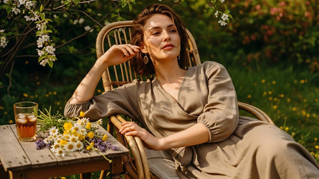 Beautiful young woman sitting in a wicker chair in the garden.の素材