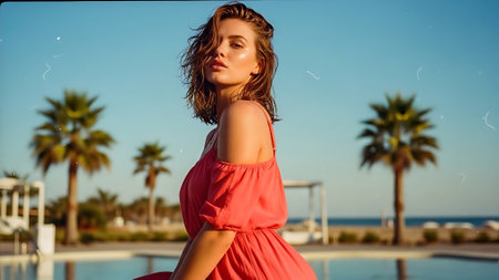 Beautiful girl in a pink dress on the background of palm treesの素材